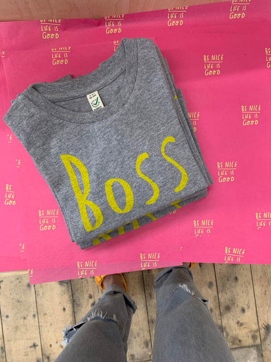 Mini Boss Lady tee GREY WITH YELLOW