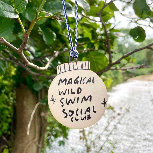 Magical Wild Swim Club wooden bauble ornament for christmas gifting