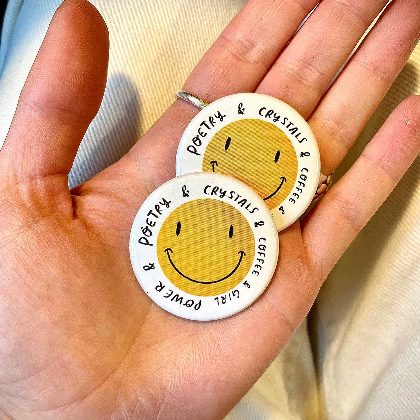 Poetry & crystals smiley badge