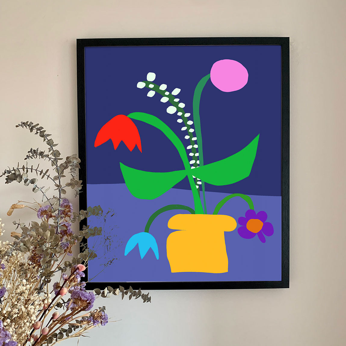 Print: Spring vase of flowers in primary palette with navy background