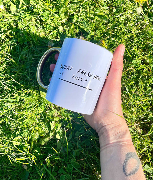 WTAF mug with gold handle