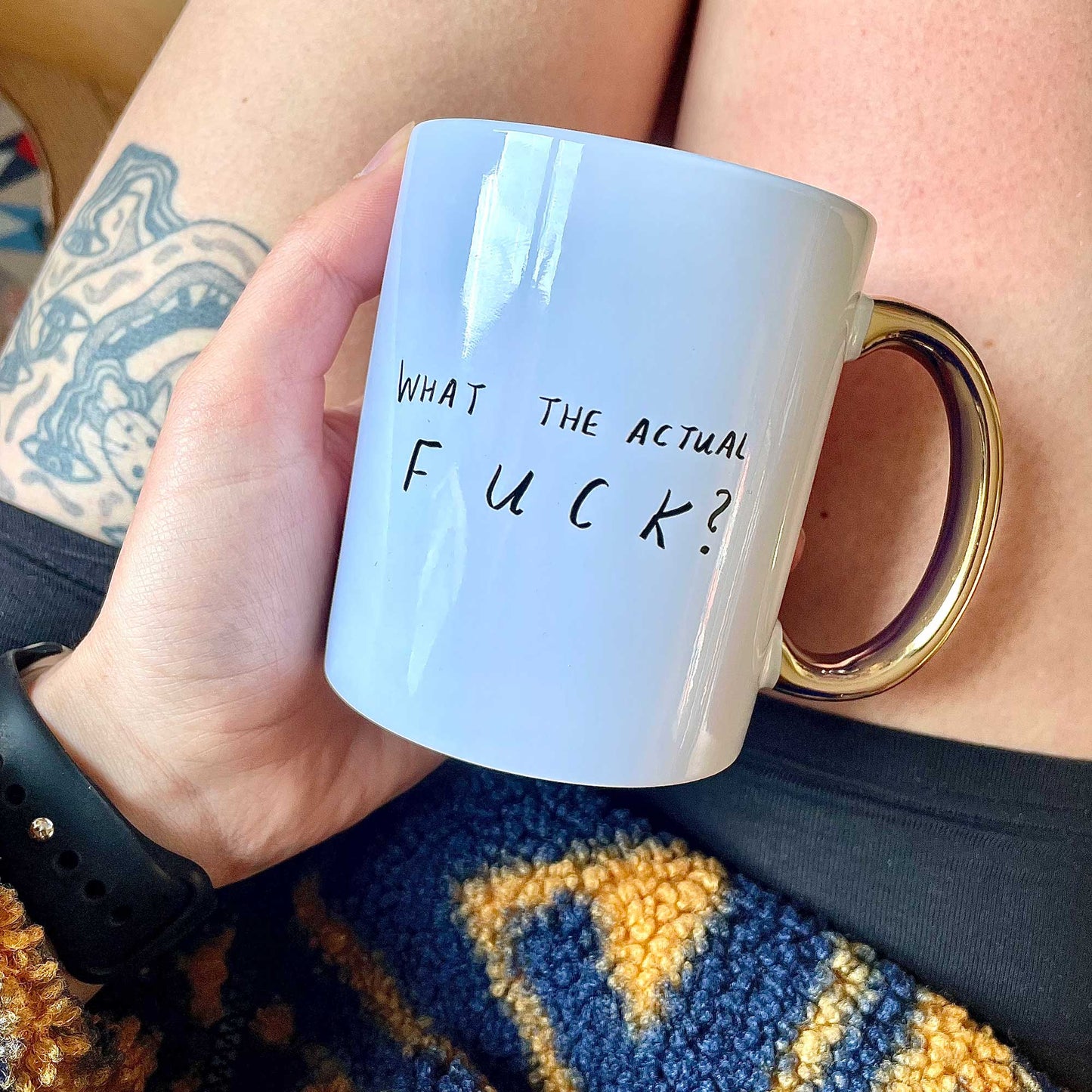 WTAF mug with gold handle