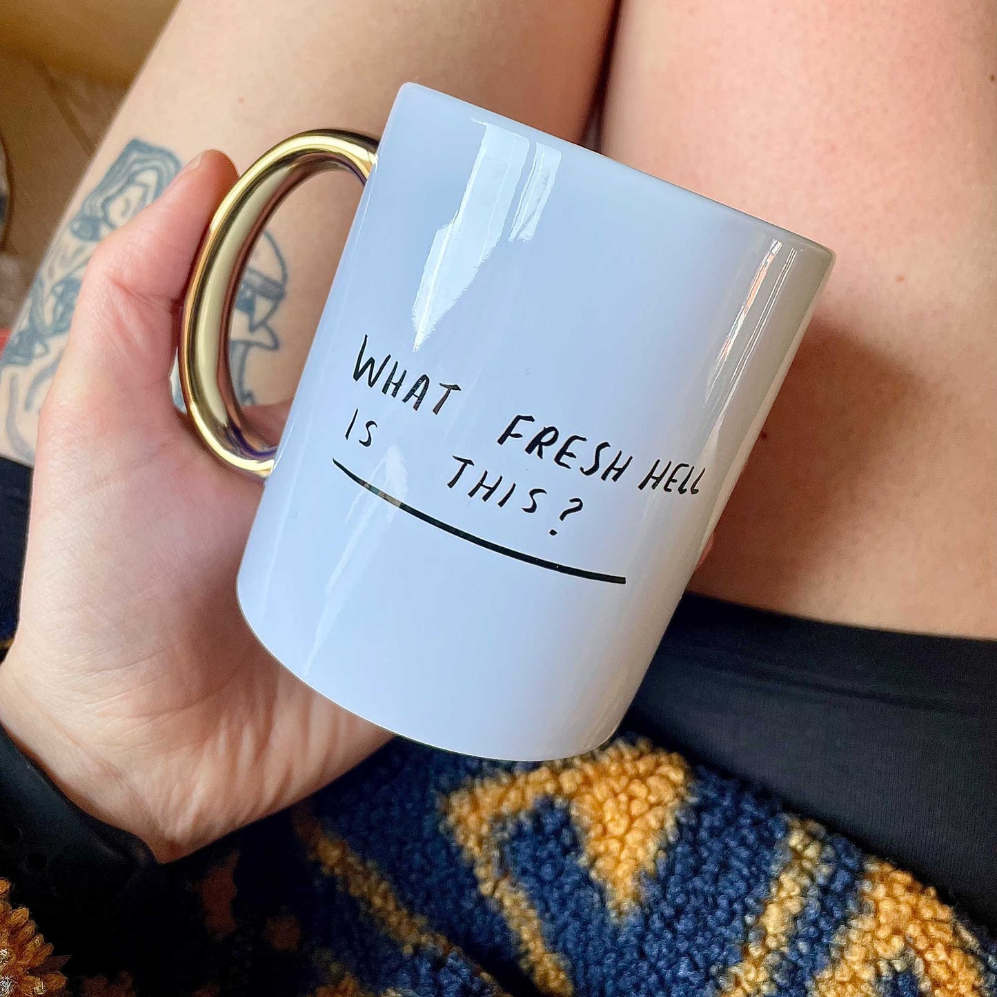 WTAF mug with gold handle