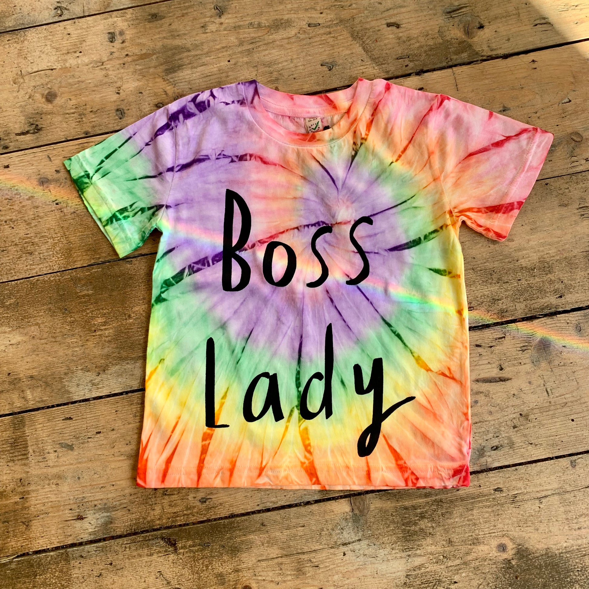 Organic cotton tie dye mini Boss Lady tee Nicola Rowlands